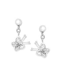 Sterling Silver Young Girls Diamond Dangling Butterfly Earrings