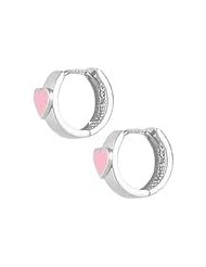 Children 14K White Gold Huggie Hoop Earrings With Pink Enamel Heart