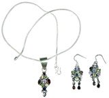 Antique Jewellery Earring And Pendant Sets Sterling Silver With Amethyst Garnet And Citrin Gemstones 38 Grams (Pndts043)