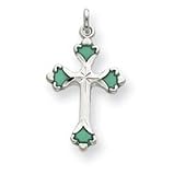 Sterling Silver Green Enameled Budded Cross with 20 Inch Sterling Silver Chain