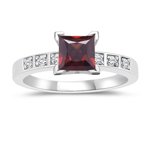 0.06 Cts Diamond & 0.97 Cts Garnet Engagement Ring in 14K White Gold