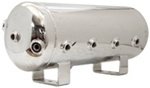 Air Tanks 3 Gallon, 5 Ports 2 3/8'' endports, 2 1/4'' Aux, 1 3/8'' Drain Polished SAE 430 grade stainless steel Air Tank. 8.4'' Tall, 18'' Long 2 3/8'' endports, 2 1/4'' Aux Ports, 1/4'' Drain Port. Stainless does NOT rust, and they are chrome polished.