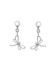 Sterling Silver Young Girls Diamond Dangling Dragonfly Earrings