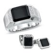 ZALES Octagonal Onyx and Diamond Accent Ring and Cuff Links in Sterling Silver mns semi-prec rg