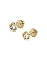 Childrens 14K Yellow Gold CZ Flower Shape Stud Earrings For Girls