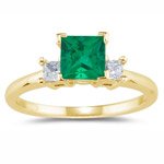 0.20 Cts Diamond & 0.39 Cts of 4.5 mm AA Princess Emerald Three Stone Ring in 18K Yellow Gold