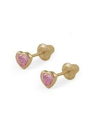 14K Yellow Gold Pink C.Z. Heart Kids Screw Back Earrings For Girls