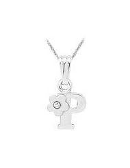 Sterling Silver Diamond Initial P Pendant Girls Necklace (14-16 in)
