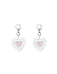 Silver Young Girls Dangling Heart Earrings With Pink Sapphire Accent