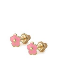 Girls Jewelry - 14K Gold Pink Enameled Flower Screw Back Earrings