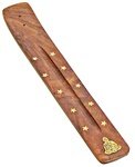 Boat Incense Burner - Wood With Brass Decoration - Buddha Design 10"