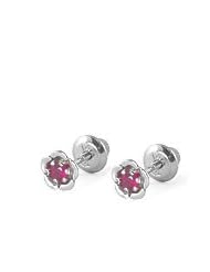 14K White Gold July Birthstone Ruby Flower Shape Baby Girls Earrings