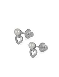 Kids 14K White Gold Open Heart 3mm Pearl Screwback Earrings For Girls