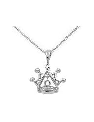 Little Girls 14K White Gold Crown Pendant With Diamond Accent (15 Inches Chain)