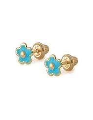 Girls Jewelry - 14K Gold Blue Enameled Flower Screw Back Earrings