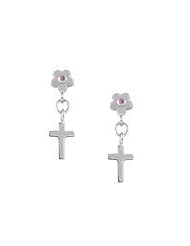 Girls Jewelry - Silver Pink Sapphire Flower Dangling Cross Earrings