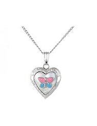 15 In Silver Mother of Pearl Enameled Butterfly Girls Locket Necklace