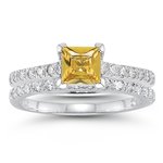 0.60 Cts Diamond & 0.77 Cts Yellow Sapphire Bridal Ring Set in 14K White Gold