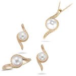 0.07 Ct Diamonds & Pearl Jewelry Set in 14K Yellow Gold