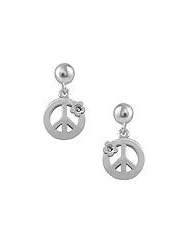 Girls Sterling Silver Diamond Flower Dangling Peace Sign Earrings