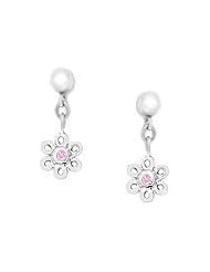 Silver Young Girls Dangling Daisy Earrings With Pink Sapphire Accent