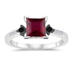 0.22 Cts Black & White Diamond, 1.04 Cts Ruby Engagement Ring in 14K White Gold
