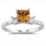 0.20 Cts Diamond & 0.52 Cts Citrine Classic Three Stone Ring in 14K White Gold
