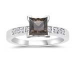 0.06 Cts Diamond & 0.66 Cts Smokey Quartz Engagement Ring in 14K White Gold