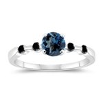 0.16 Cts Black Diamond & 1.14 Cts London Blue Topaz Five Stone Engagement Ring in 14K White Gold