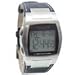 Stainless steel case and black leather band.
