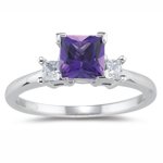 0.20 Cts Diamond & 0.51 Cts Amethyst Classic Three Stone Ring in 14K White Gold