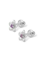Girls 14K White Gold Plumeria Flower Earrings With Pink Sapphire Accent