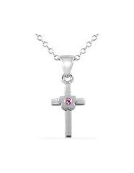 Girls Jewelry - Silver Pink Sapphire Flower Cross Necklace (chain 14-16 inches)