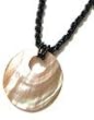 Authentic Shell Necklace - Mother of Pearl Natural 2.5" Brownlip Round Shell Pendant Black Bead Jewelry