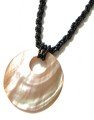 Authentic Shell Necklace - Mother of Pearl Natural 2.5" Brownlip Round Shell Pendant Black Bead Jewelry