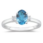 0.10 Cts Diamond & 5.35 Cts Swiss Blue Topaz Three Stone Ring in 14K White Gold