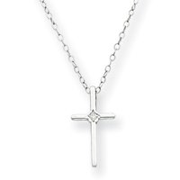 14k White .01ct Diamond Cross Childrens Necklace - 15 Inch
