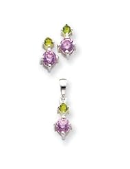 Sterling Silver Pink & Green CZ Earring & Pendant Set