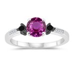 0.22 Cts Black & White Diamond,1.29 Cts Pink Sapphire Engagement Ring in 14K White Gold