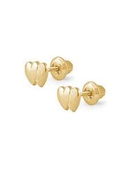 14K Yellow Gold Double Hearts Stud Screw Back Earrings For Girls