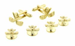 Childrens Toyshop  Jewelry : Yellow gold plated crossed golf clubs and golf ball cufflinks and shirt studs formal set with presentation box. Made in the U.S.A