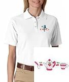 Women's polo shirt with embroidered image of: tea time