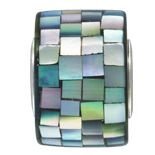 Black Mother of Pearl Mosaic and Sterling Silver Bead Drum Shaped Charm for European Charm Bracelet