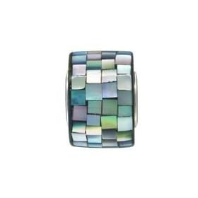 Black Mother of Pearl Mosaic and Sterling Silver Bead Drum Shaped Charm for European Charm Bracelet