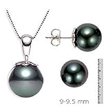 14k, 9-10mm Black Tahitian Pearl Stud Earring and Pendant Set