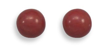 Rhodium Plated Red Coral Stud Earrings