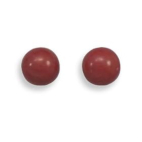 Rhodium Plated Red Coral Stud Earrings - Free Shipping