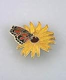 Hand enameled and gold plated Monarch butterfly and sunflower pin or brooch by Daralis