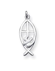 Sterling Silver Polished Dove, Ichthus Fish & Cross Charm with 18 Inch Stainless Steel Chain