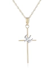 14k Yellow Gold Solid Stick Cross with Two-Tone Holy Spirit Pendant Necklace, 18"